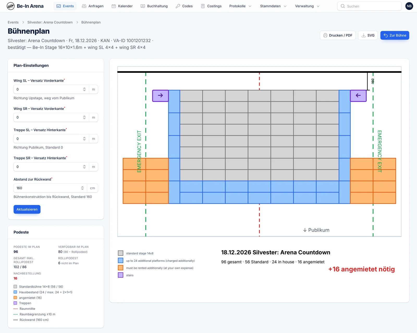 Der Bühnenplan von VenueControl für eine 16 × 10 m große Bühne: Standardpodeste grau, Hausbestand blau, angemietete Podeste orange, dazu Treppen, Notausgänge und Raummitte; links die Plan-Einstellungen und die Podest-Zählung.